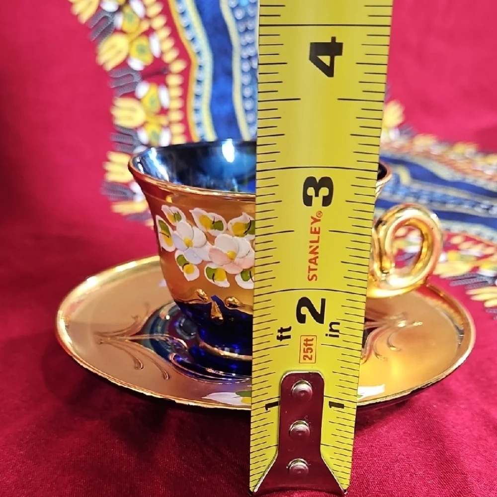 Vintage Venetian Art Glass High Enamel Cobalt Blue Gold Tea Cup Saucer Set of 2